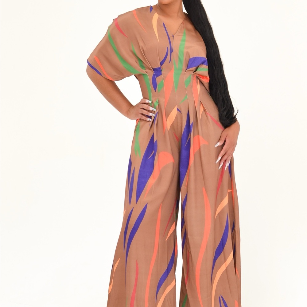 Vibrant Brown Jumpsuit with Multicolor Accents